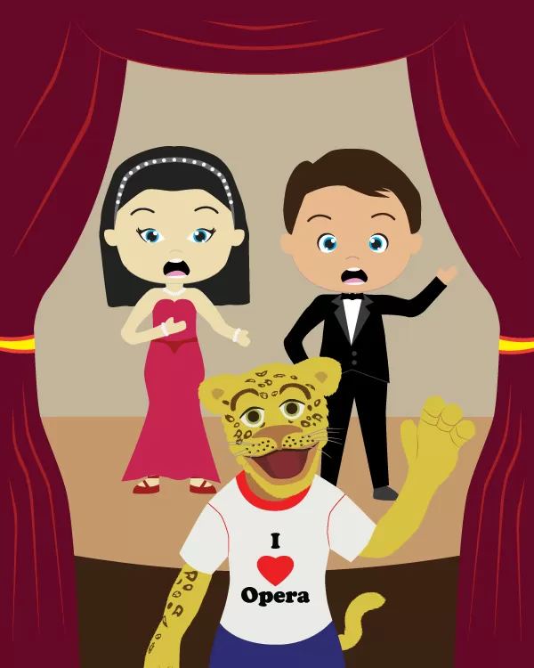 Illustration of the puppet Leopold and some opera singers