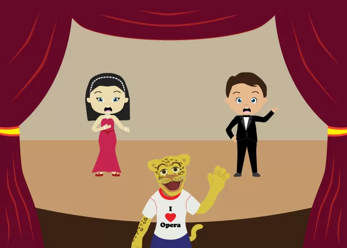 Illustration of the puppet Leopold and some opera singers