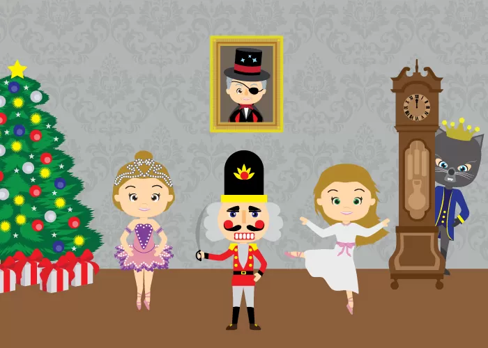 Illustration of a scene fron The Nutcracker with a Christmas tree, two dancers and the Nutcracker